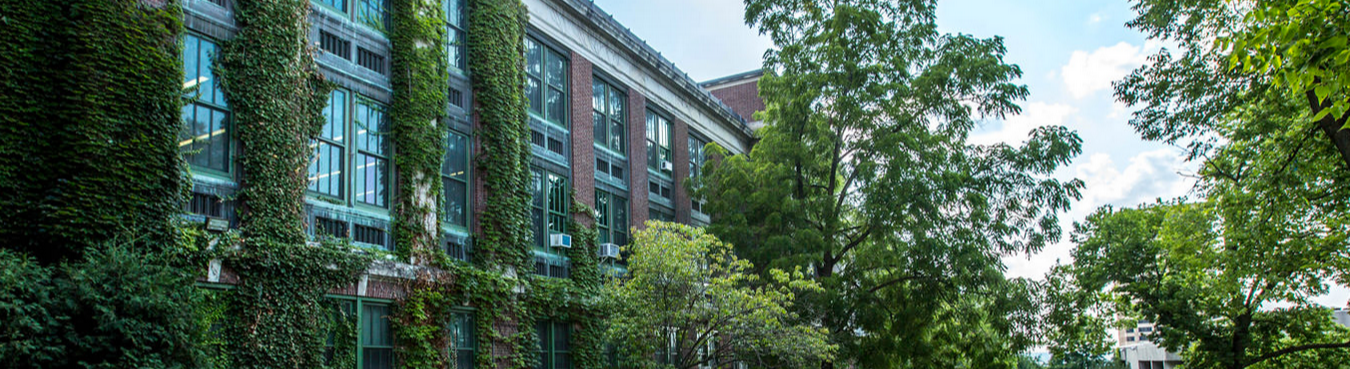 A building with ivy-covered walls and large windows is surrounded by trees and greenery under a partly cloudy sky.